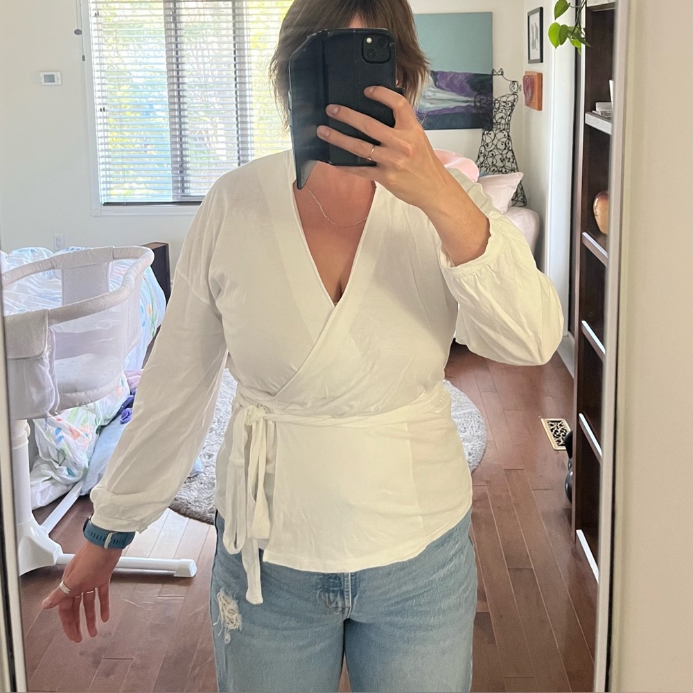 J. Crew White Wrap top with Tie Belt and Billowy Sleeves - Picture 2 of 5